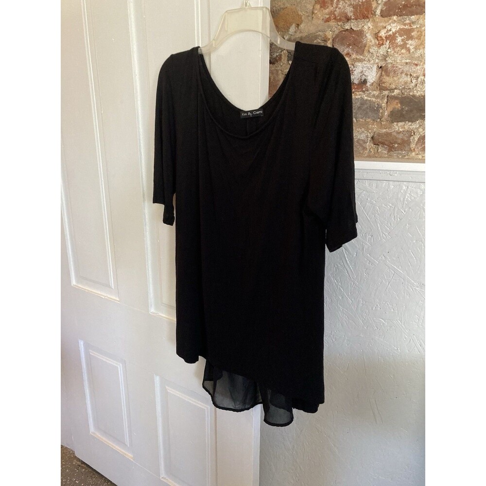 Kim & Cami Top 1X Plus Black Sheer Back Short Sleeved Relaxed Good Condition